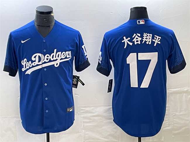Men's Los Angeles Dodgers #17 Shohei Ohtani Royal City Connect Cool Base With Patch Stitched Baseball Jersey